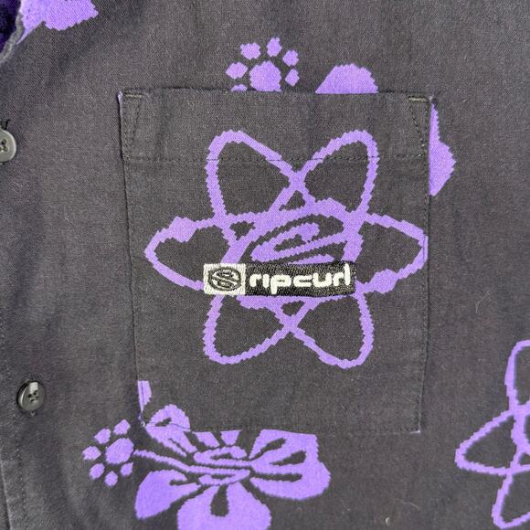 Rip Curl  Mens purple black floral Button Up Short Sleeve Hawaiian Beach size L - Picture 2 of 6